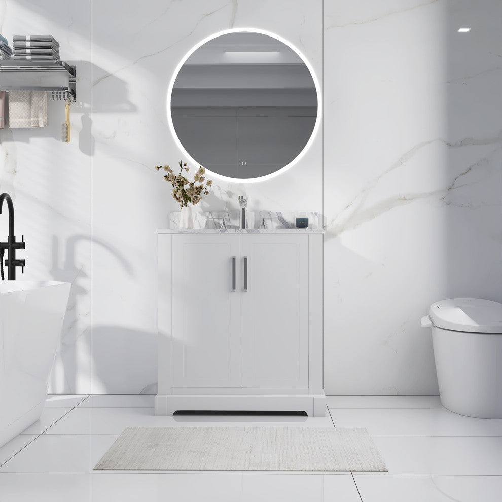 30" W x 22" D x 33" H Bath Vanity, White With Carrara White Marble