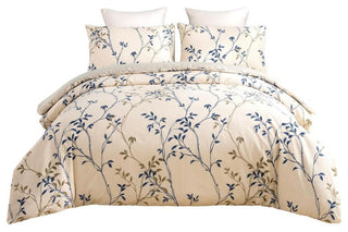 Blue Leaf Vine Cream Poplin Cotton Duvet Cover