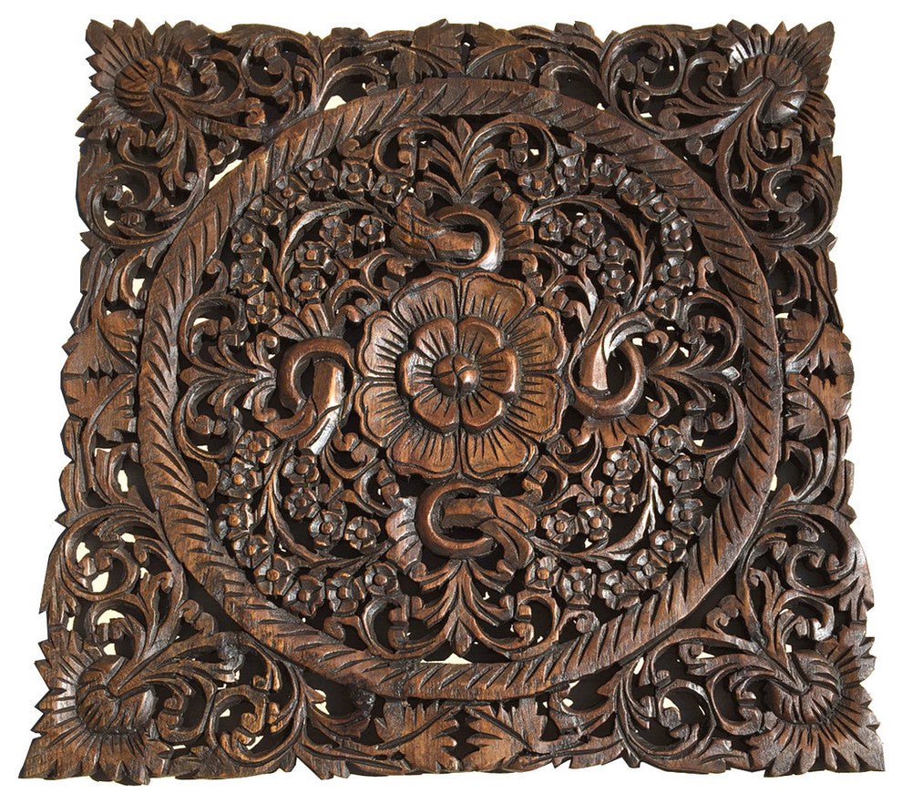 Large Square Oriental Carved Lotus Wood Plaque