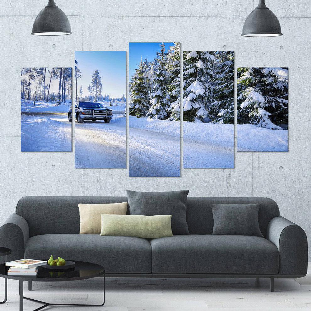 SUV Car Though Snowy Winter, Landscape Canvas Art Print, 60"x32", 5 Panels