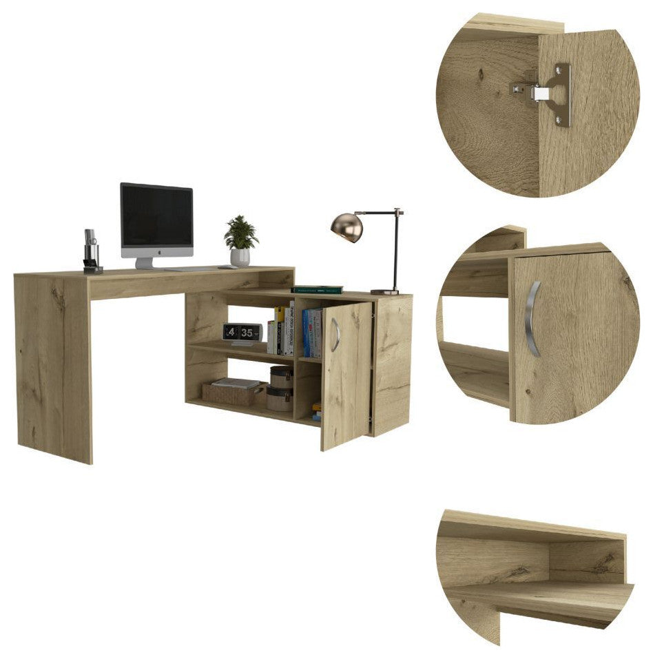 Boston L-Shaped Desk with Cabinet, 2 Inner Shelves, and 2 Outer Shelves, Light Oak