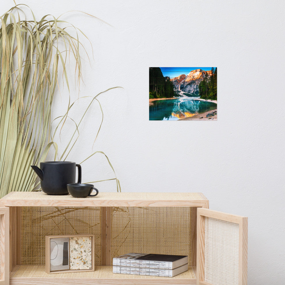 Faux Wood Misty Lake and Snow-cap Mountain Reflections Unframed Wall Art Prints, 11" X 14"