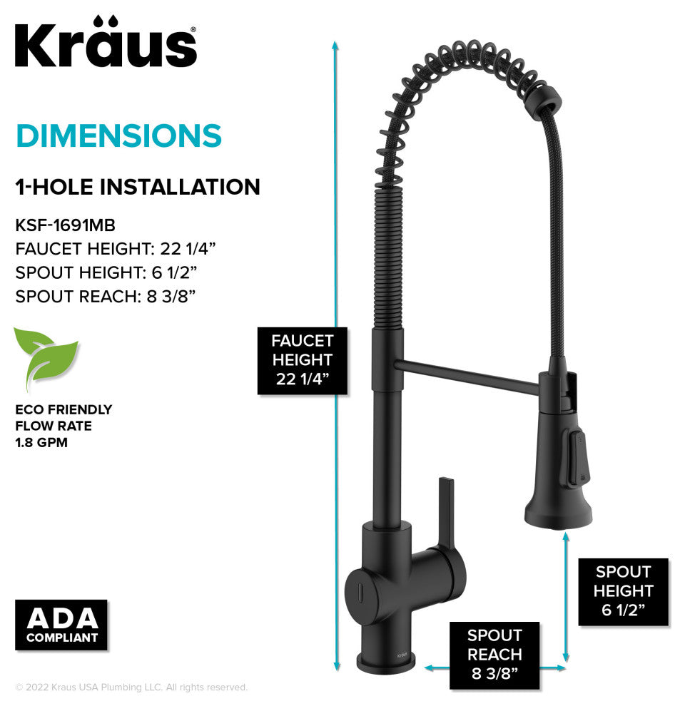 Britt Commercial Style 3-Function Pull-Down 1-Handle 1-Hole Kitchen Faucet, Matte Black (Touchless Ksf-1691mb)
