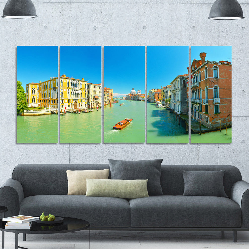 Green Grand Canal Venice, Landscape Canvas Art Print, 60"x28", 5 Panels