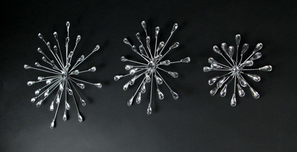 Set of 6 Metal Silver Starburst Wall Sculptures - 12", 9", 6" Diameter