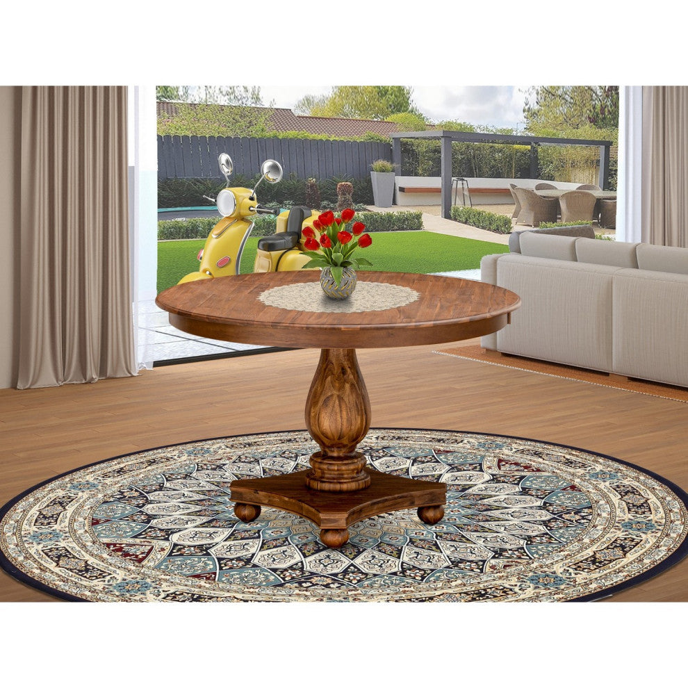 Round Dining Table, Rustic Rubberwood Table, Sandblasting Antique Walnut, 48"