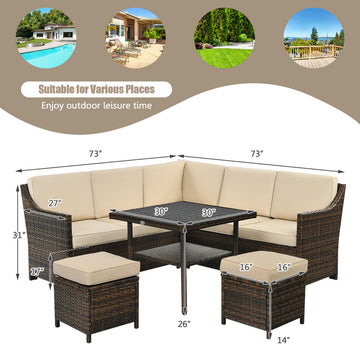 Costway 6PCS Patio Rattan Dining Sofa Furniture Set Ottoman Table Lower Shelf