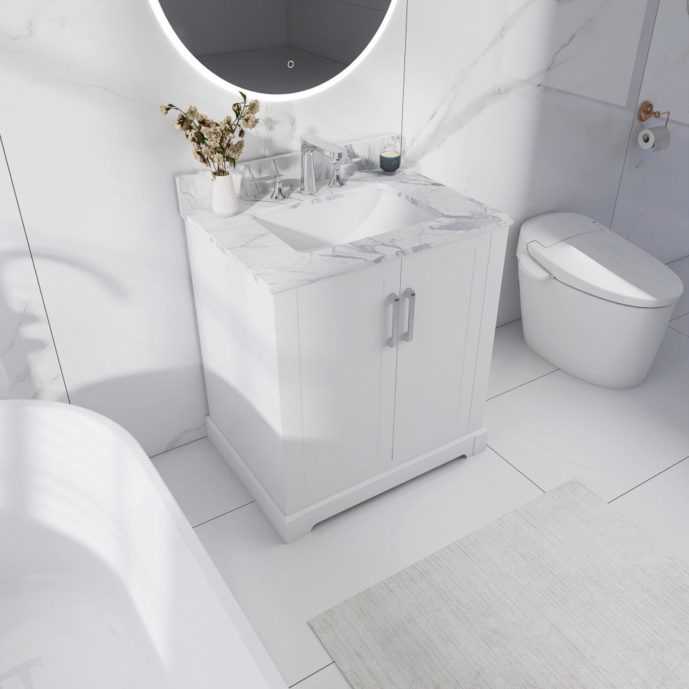 30" W x 22" D x 33" H Bath Vanity, White With Carrara White Marble