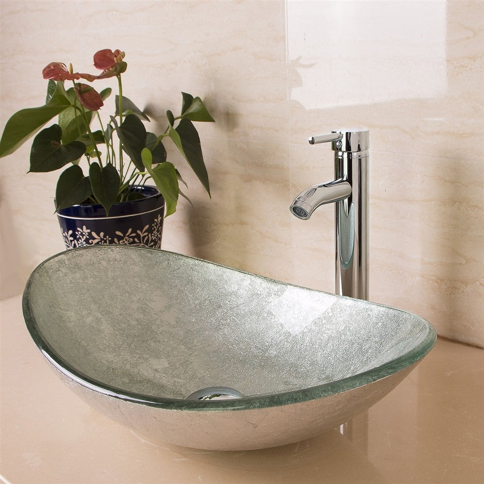 Tuscany Oval Bathroom Glass Sink With Chrome Faucet and Drain