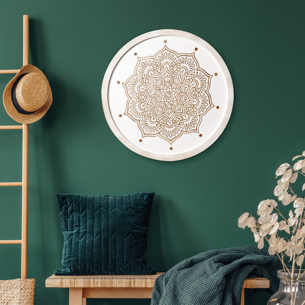 American Art Decor Boho Farmhouse Wood Framed Wall Medallion - White, Brown