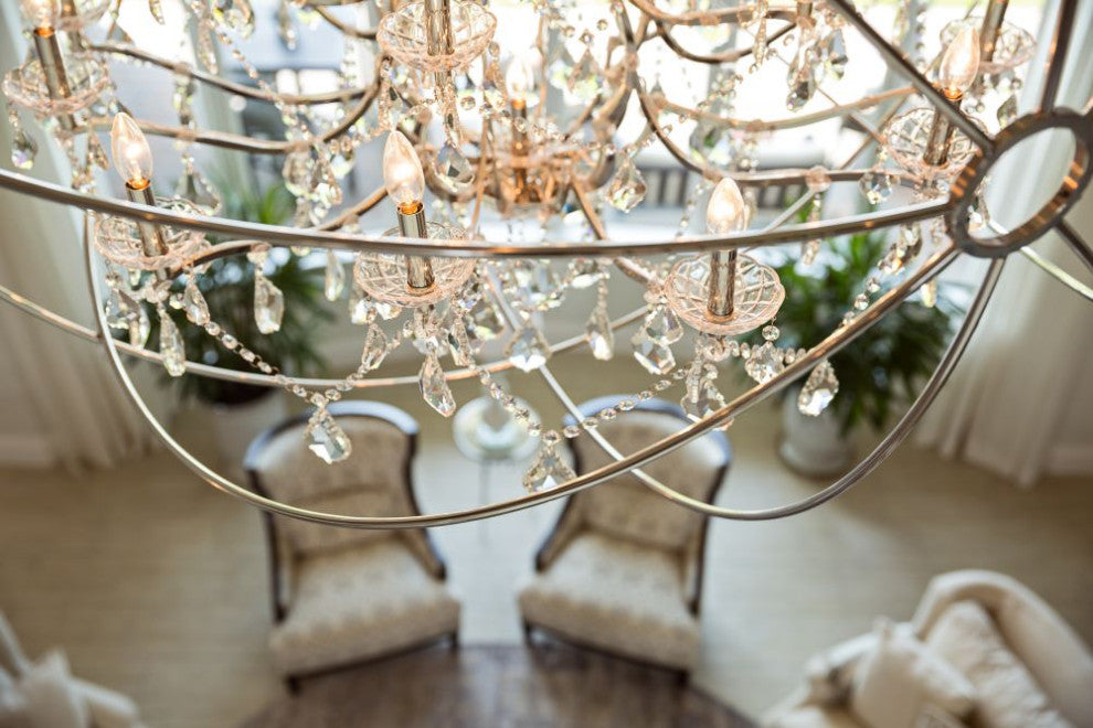 25 light Polished nickel Orb 60" Chandelier Golden Teak crystal