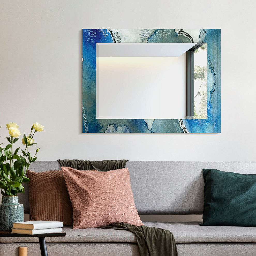 "Subtle Blues" Beveled Mirror on Printed Abstarct Tempered Art Glass, 40x30"