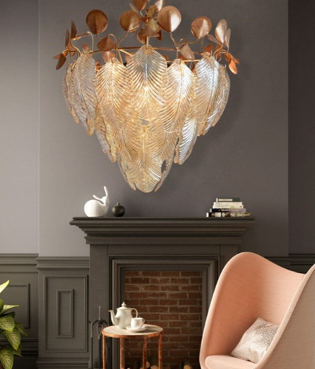 Uster | Glass Leaves Chandelier for Living Room, Cognac