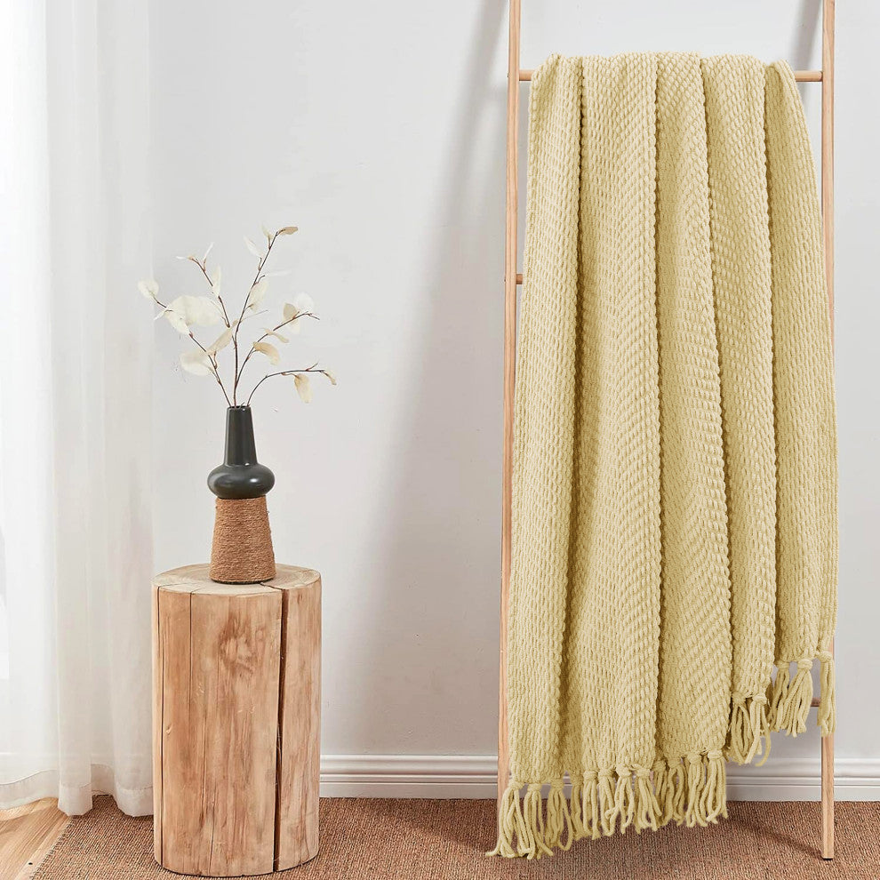 Tweed Knitted Throw Blanket, Light Camel Beige, 50"x60"