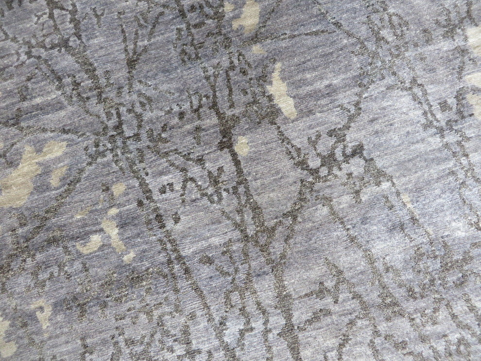 Hand Knotted Sky Blue Modern Abstract Oriental Rug With Silk, 8x10