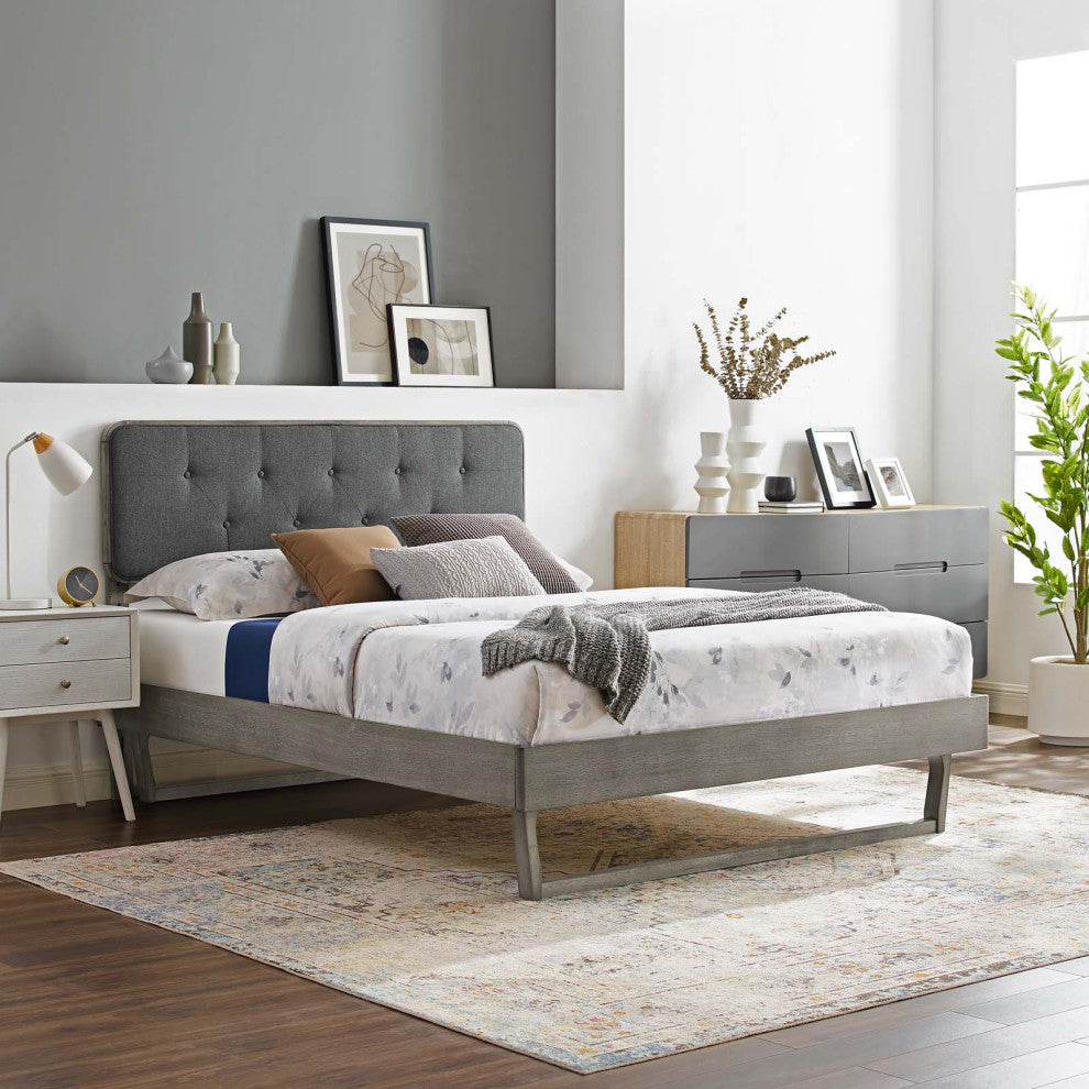 Platform Bed Frame, Queen Size, Fabric, Wood, Gray, Modern Mid-Century