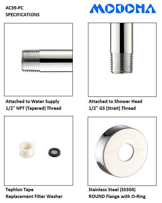 17" Adjustable Rain Shower Arm, Polished Chrome