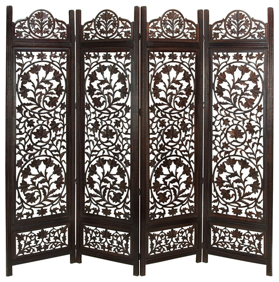 Benzara UPT-176789 4 Panel Room Divider Featuring Lotus Pattern-Reversible