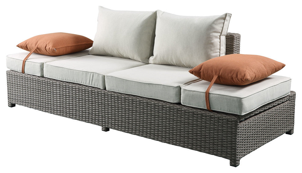 ACME Salena Patio Sofa and Ottoman with 2 Pillows, Beige Fabric and Gray Wicker
