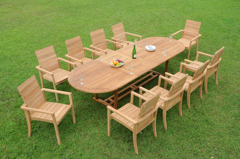 11-Piece Outdoor Teak Dining Set: 117" Masc Oval Table, 10 Alps Stacking Chairs