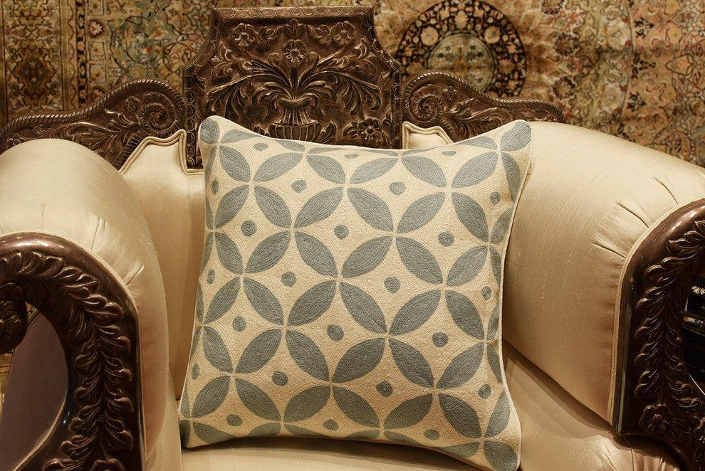 Diamond Circles Baby Blue Decorative Pillow Cover Handembroidered Wool 20x20"