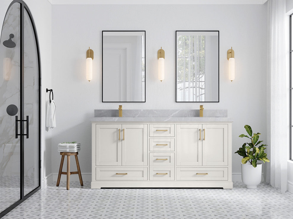Boston 72" Double Sink Bath Vanity in Alabaster 2" Pearl Gray