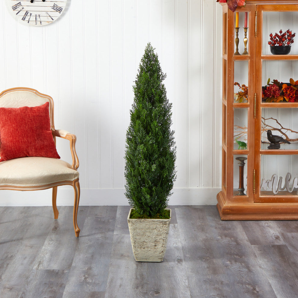 51" Cedar Artificial Tree, Country White Planter, Indoor/Outdoor