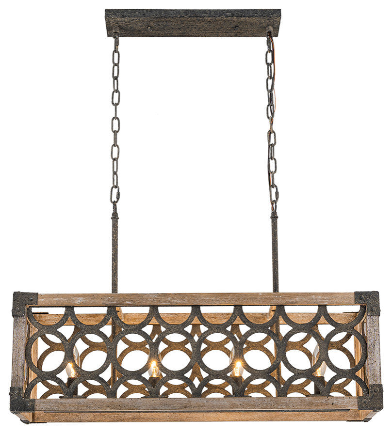 4-Light Open Cage Wooden Kitchen Island Rectangular Chandelier