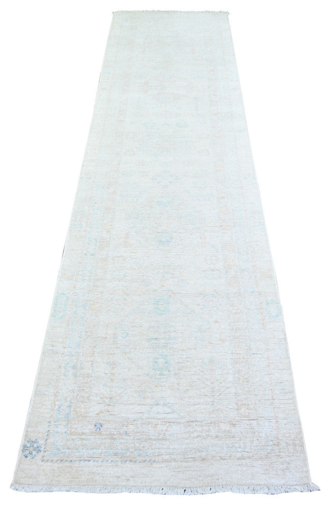 Swan White Washed Out Peshawar Wool Hand Knotted Runner Oriental Rug  2'5"x9'5"