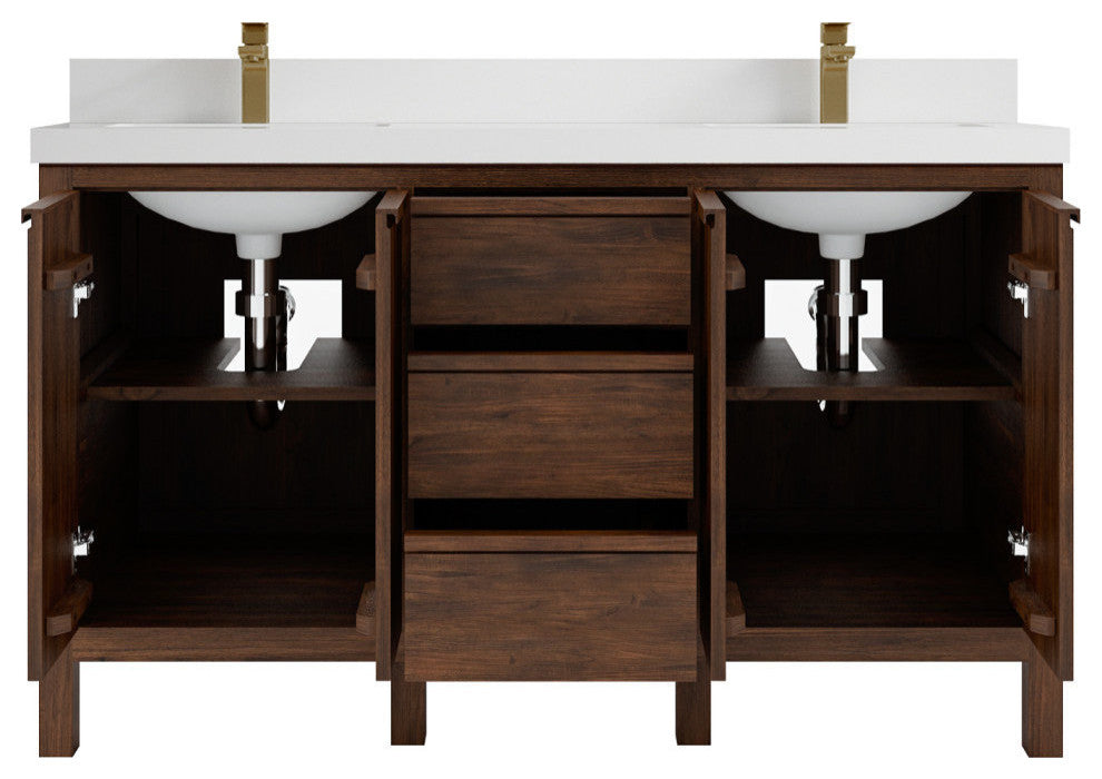 Elizabeth 60 Double Bathroom Vanity in Dark Walnut Teak 2" White Quartz