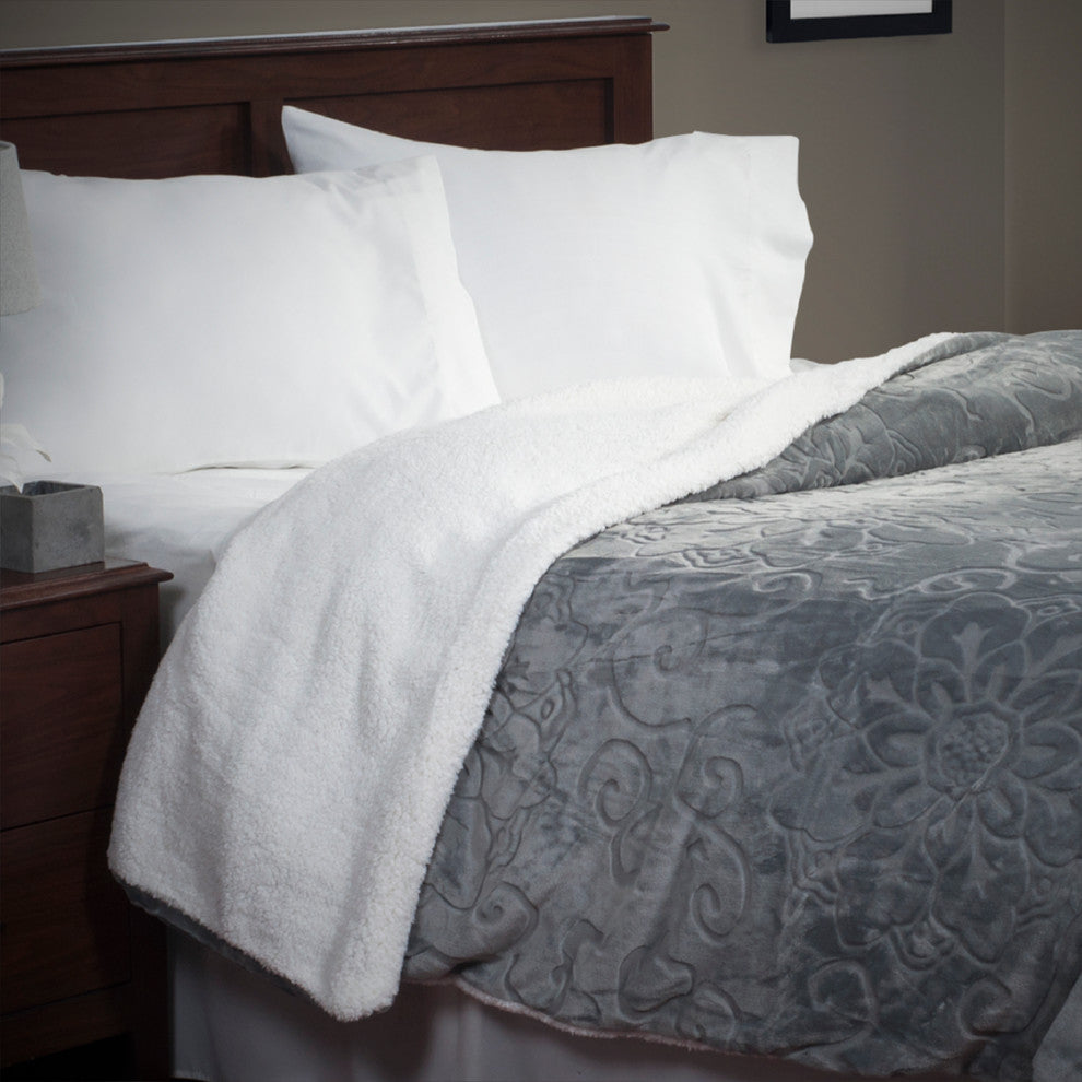 Floral Etched Fleece Blanket with Sherpa Backing, King, Gray