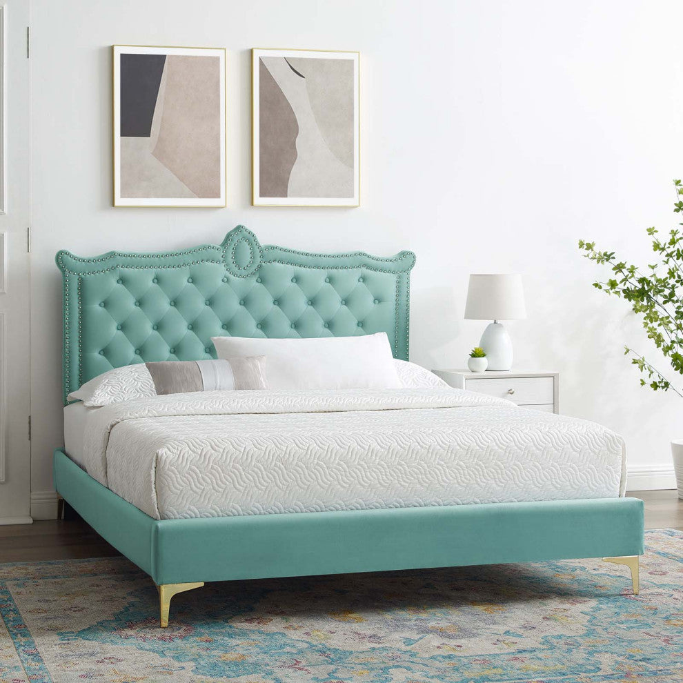 Platform Bed Frame, Nailhead, Queen Size, Blue, Velvet, Modern, Guest Suite