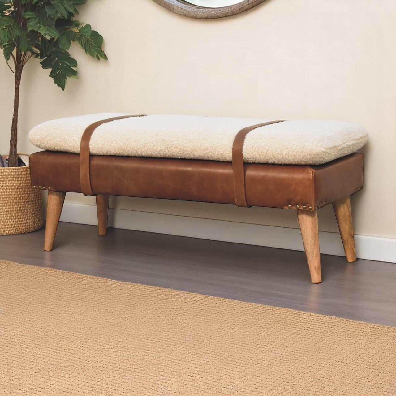Boucle Buffalo Hide Leather Bench