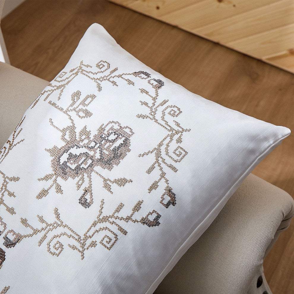 Rose Embroidery 2 Piece Pillow Cover Set, 14" X 26", Taupe