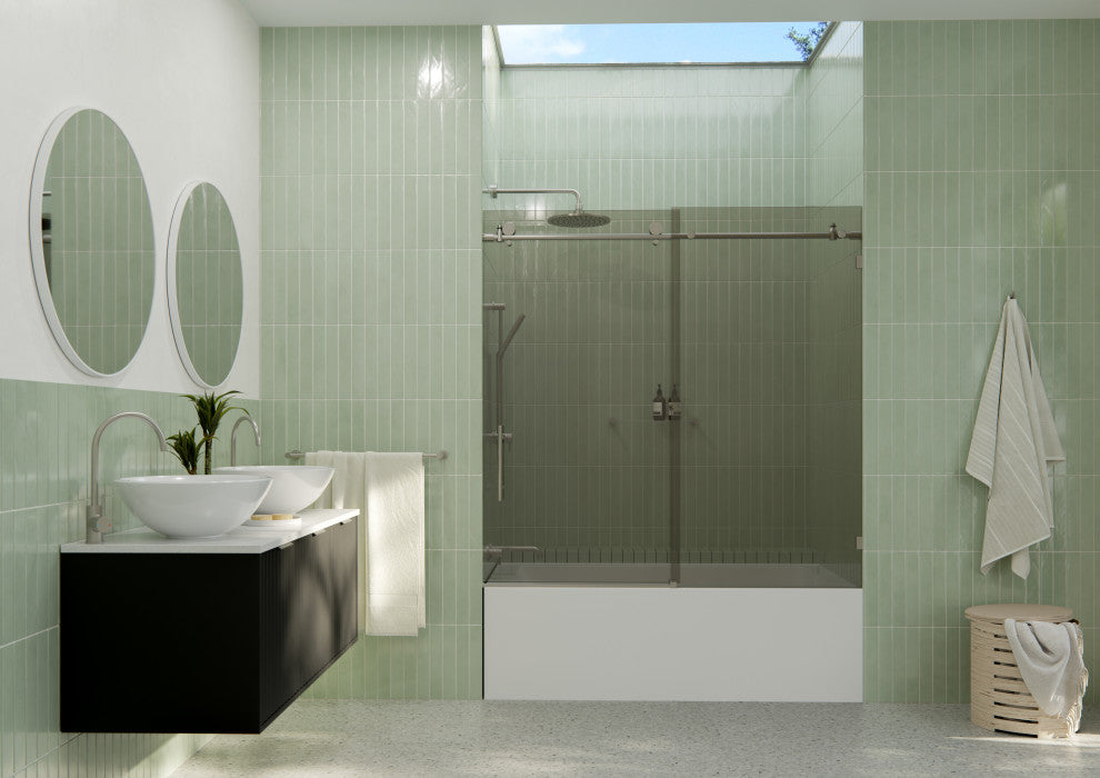 Equinox 60"x60" Frameless Glass Bath Slider, Gray Tint, Brushed Nickel