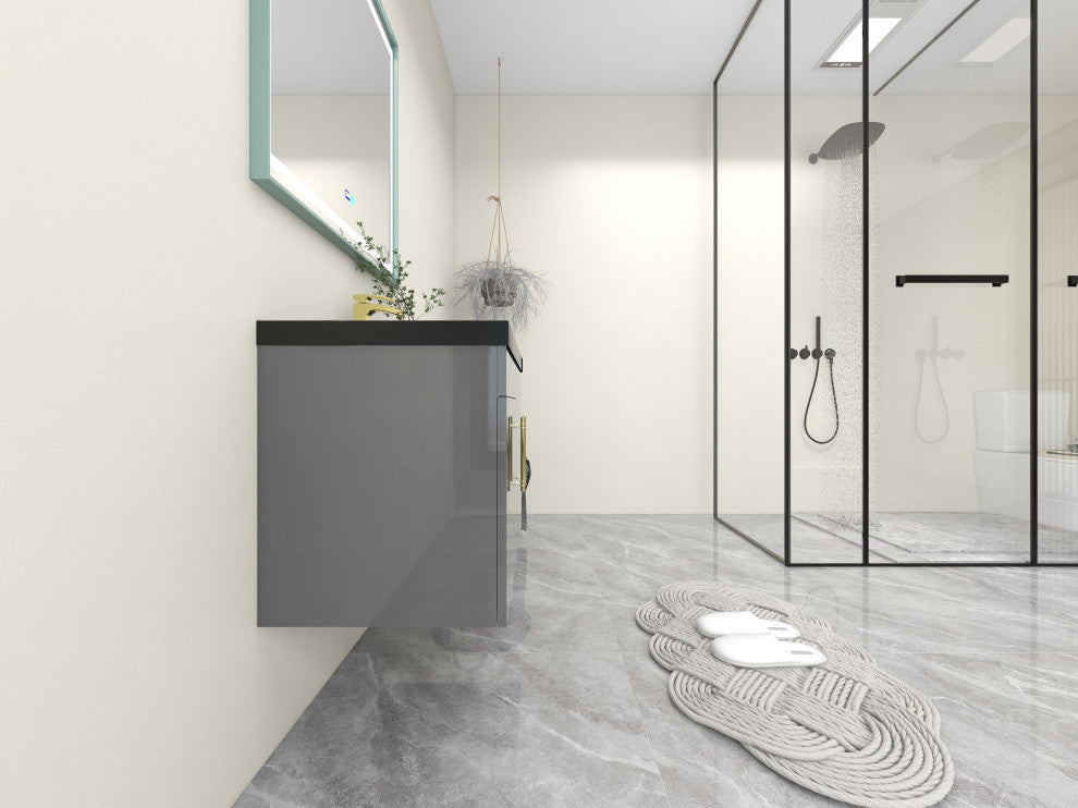 Rosa 30" Wall Mounted Modern Vanity, High Gloss Gray, Matt Black Top