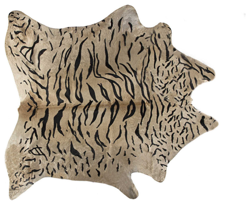 72" X 84" Tiger Black On Natural Cowhide  Rug