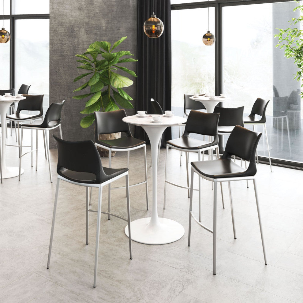 Bar Stool Chair Barstool, Set of 2, Faux Vinyl Leather, Steel, Black, Silver
