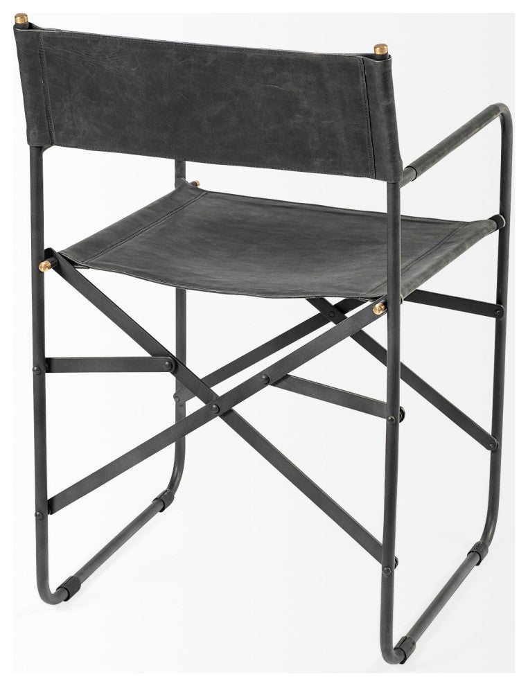 Direttore Black Genuine Leather With Black Metal Folding Frame Dining Chair