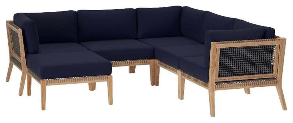 Clearwater Outdoor Patio Teak Wood 6-Piece Sectional Sofa, Gray Navy