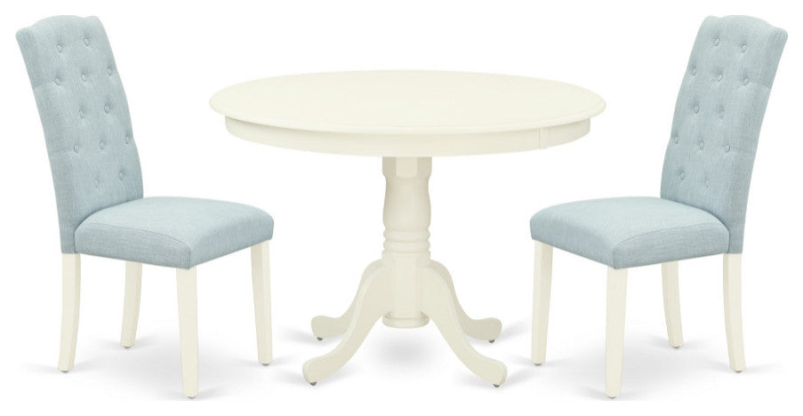 3Pc Dinette Set, Rounded Table, Two Chairs, Baby Blue Fabric, Linen White