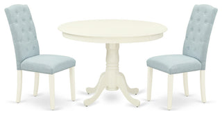 3Pc Dinette Set, Rounded Table, Two Chairs, Baby Blue Fabric, Linen White