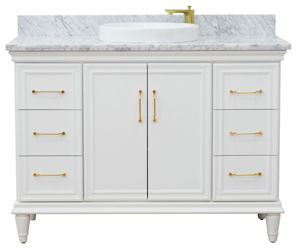 49" Single Sink Vanity, White Finish With White Carrara Marble and Round Sink