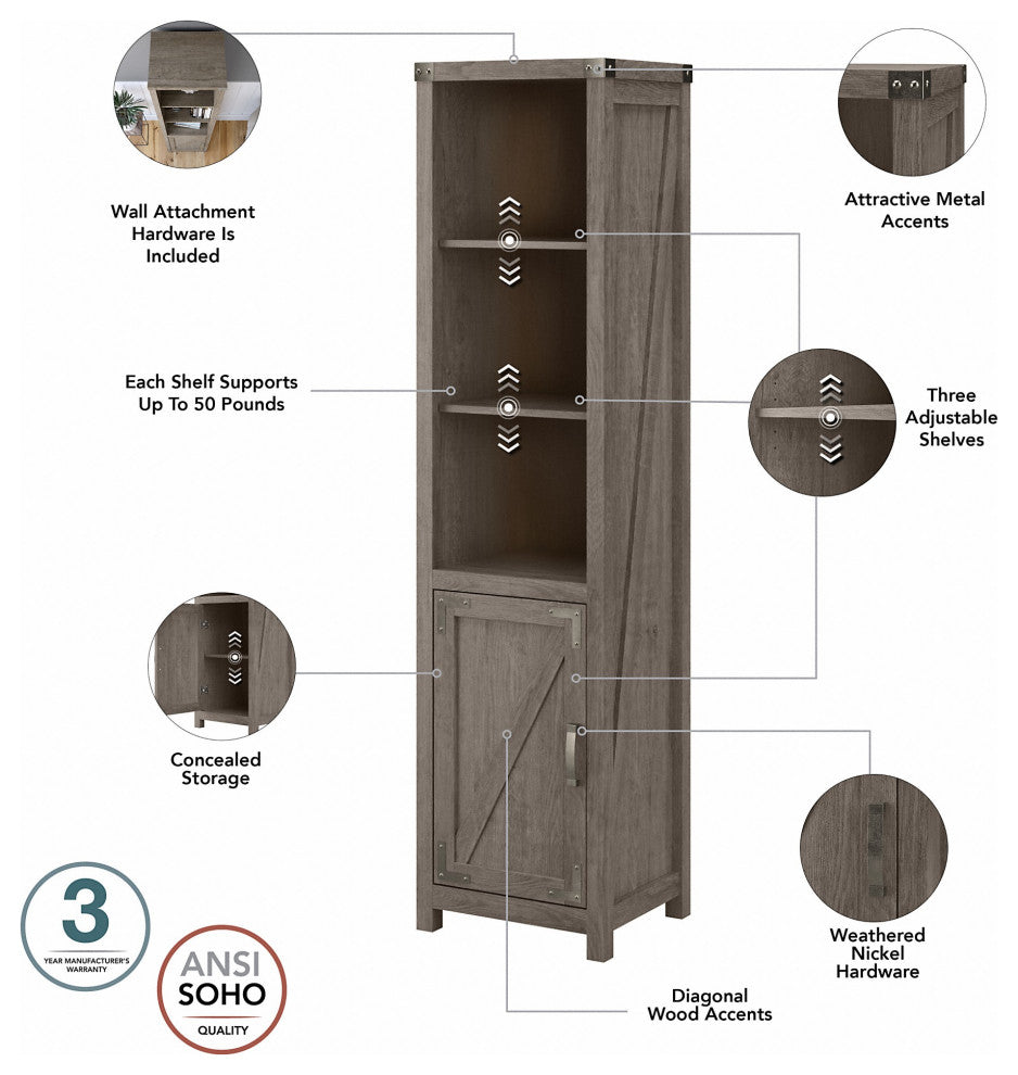 kathy ireland Home Cottage Grove Narrow Bookcase With Door, Restored Gray