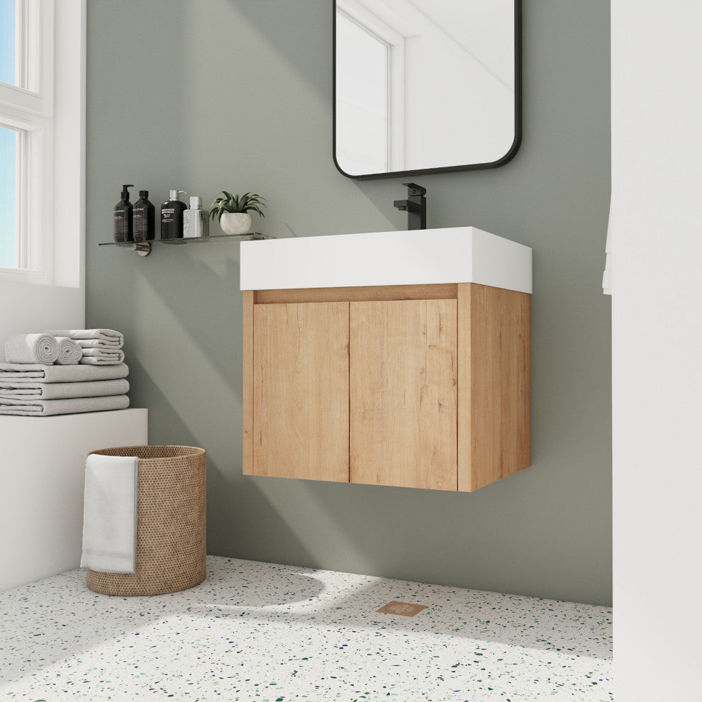 BNK Wall Mounted Bathroom Vanity With Sink Set, Brown, 24"