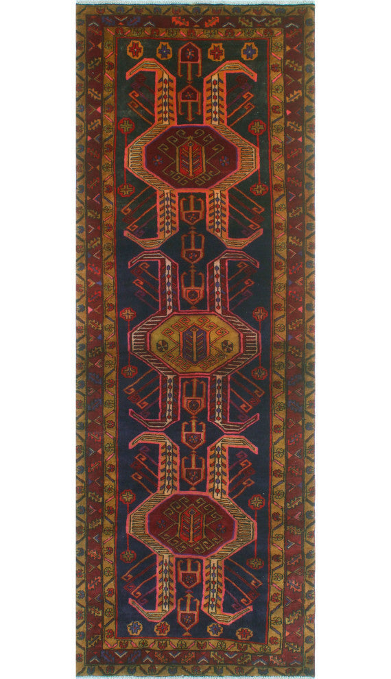 Fine Vintage Distressed Tiana Charcoal/Burgundy Runner, 3'6x10'3