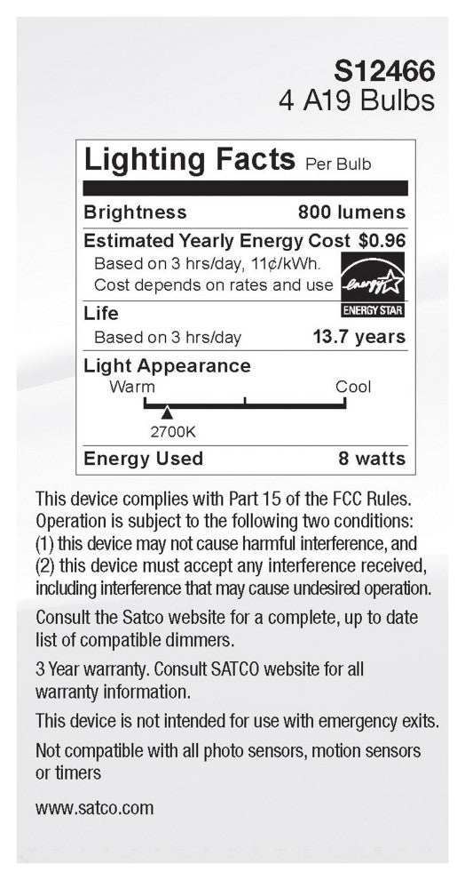 8W A19 LED, Soft White, 2700K, Medium Base, 120V, 4-Pack