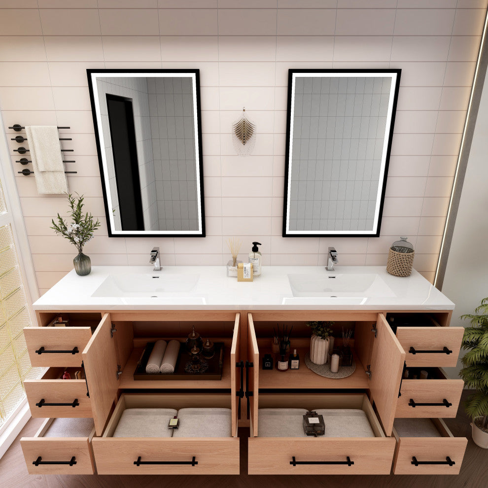 Victoria 84" Solid Wood Bath Vanity, Double Sink, Red Oak