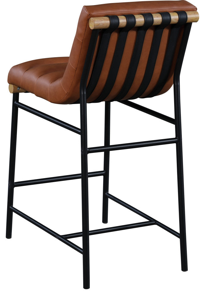 Burke Counter Stool, Cognac, Vegan Leather, White Oak Veneer Metal Dowel