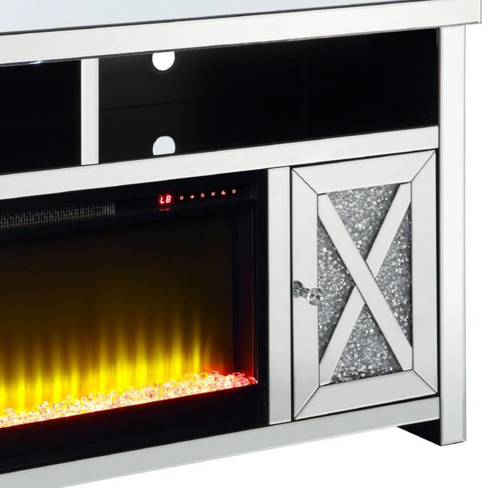 Benzara BM269586 TV Stand, Electric Fireplace & Beveled Mirror Framing, Silver